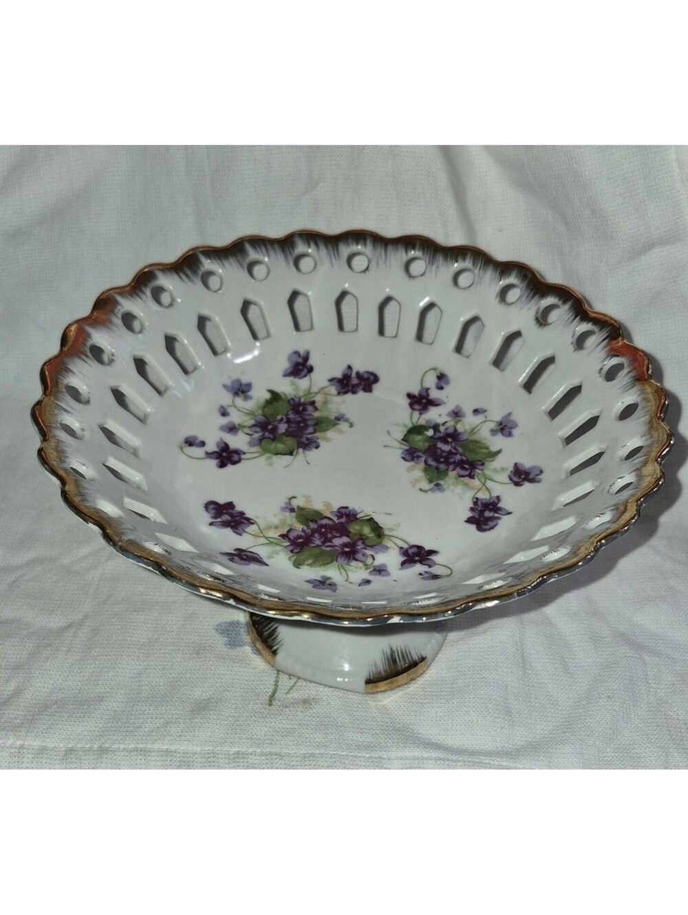 Lefton China Compote Lace/Reticulated w/Violet Bouquets Gold Trim Edge 7 1/2"x5"